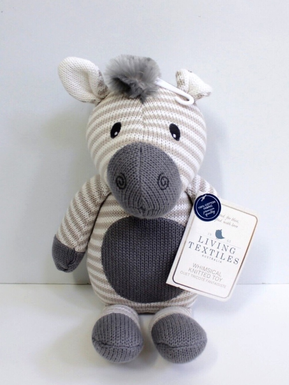 Living Textiles Australia Zac Zebra Whimsical Knit Plush Toy Lovey Rattle Doll
